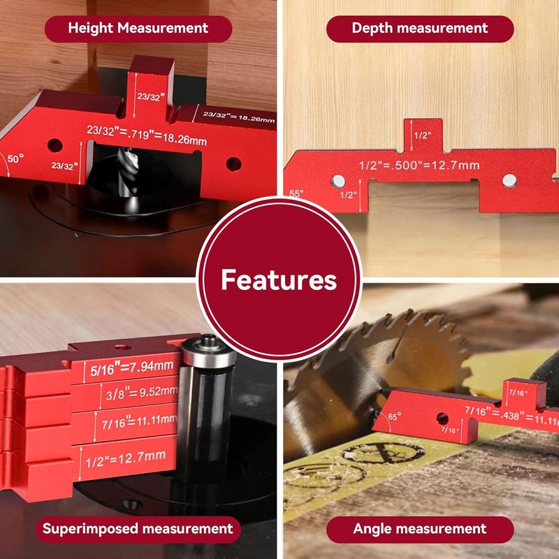 Frdhee 7PCS Router Table Setup Bars, 4 in 1 Height Gauge Depth Angle Gauge Woodworking Tool Setup Blocks Set Adjustable Woodworking Carpenter Measuring Tools (Red) - Image 3